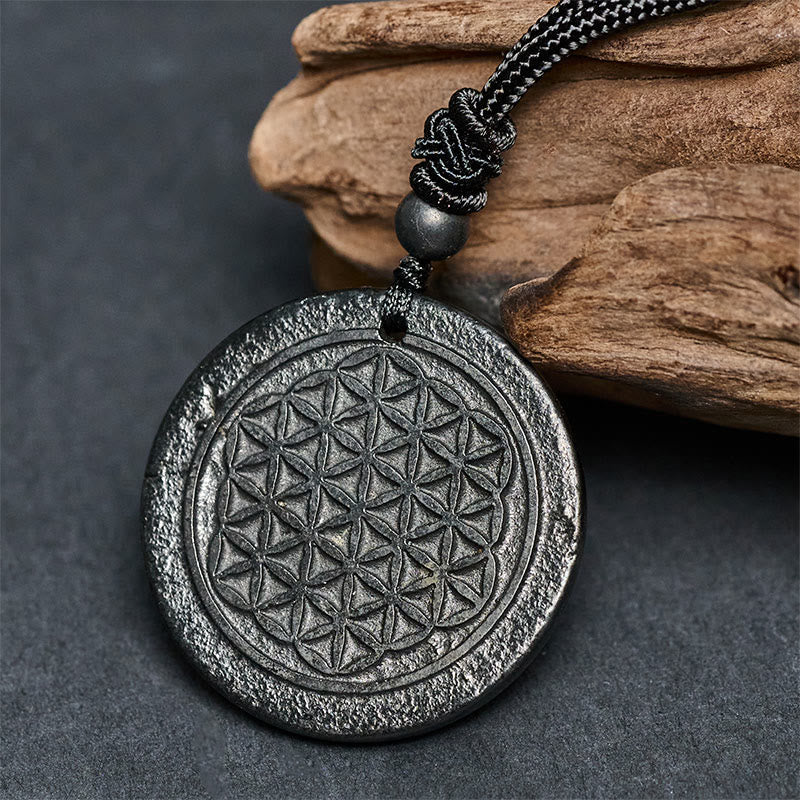 Nimara Ritual Flower of Life Carving Design Authentic Shungite Stone Protection Necklace Pendant