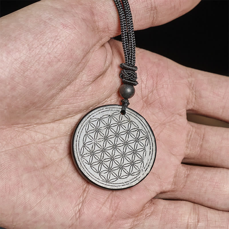 Nimara Ritual Flower of Life Carving Design Authentic Shungite Stone Protection Necklace Pendant