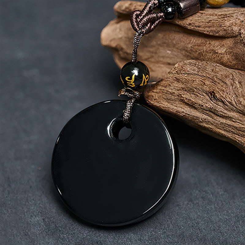 Transformation and Strength Yin Yang Symbol Om Mani Padme Hum Black Obsidian Necklace Pendant