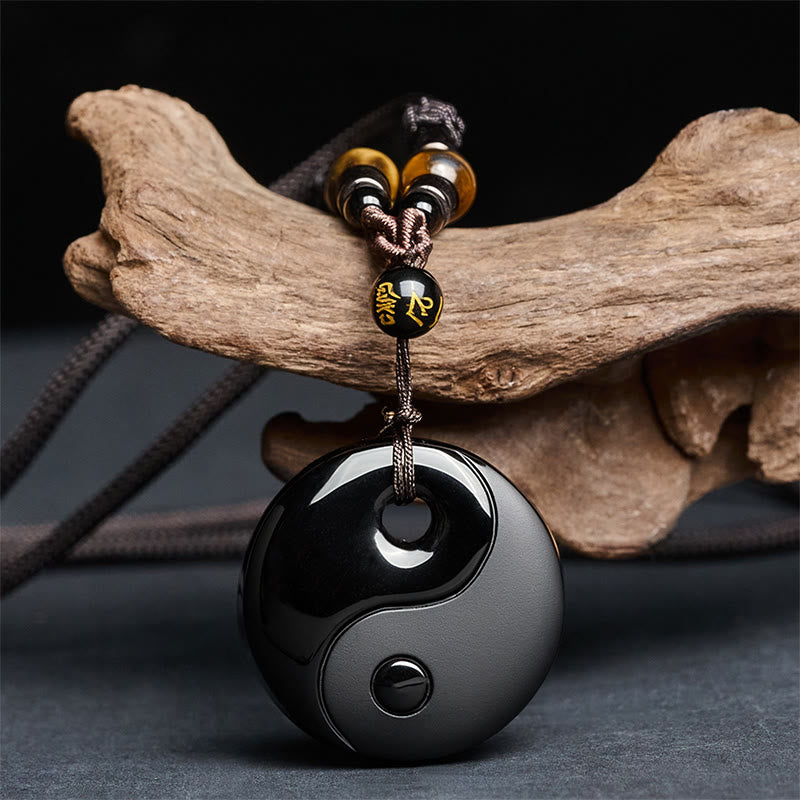 Transformation and Strength Yin Yang Symbol Om Mani Padme Hum Black Obsidian Necklace Pendant