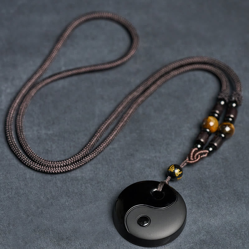 Nimara Ritual Yin Yang Symbol Om Mani Padme Hum Black Obsidian Strength Necklace Pendant