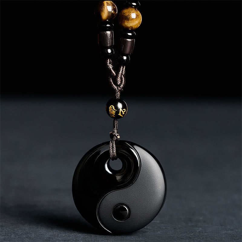 Nimara Ritual Yin Yang Symbol Om Mani Padme Hum Black Obsidian Strength Necklace Pendant