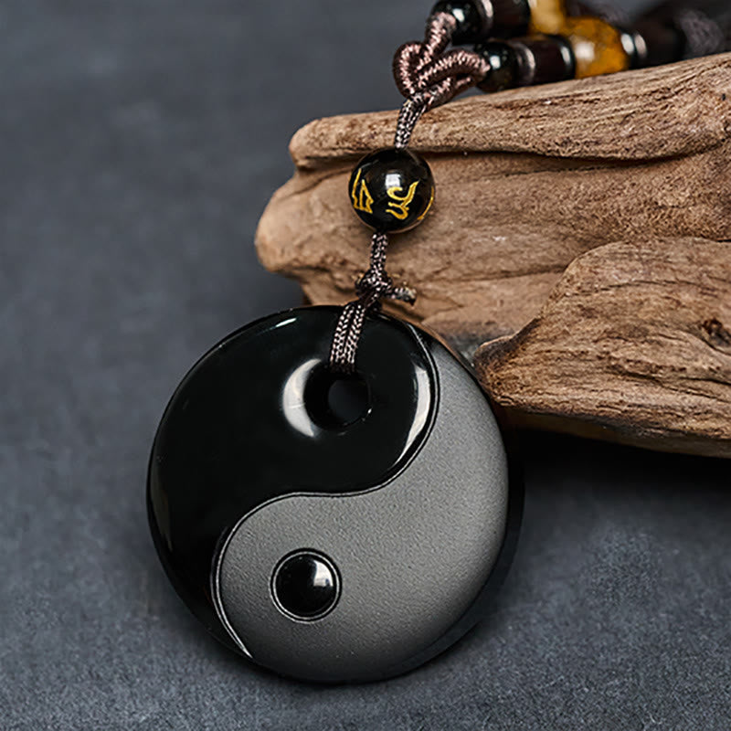 Nimara Ritual Yin Yang Symbol Om Mani Padme Hum Black Obsidian Strength Necklace Pendant