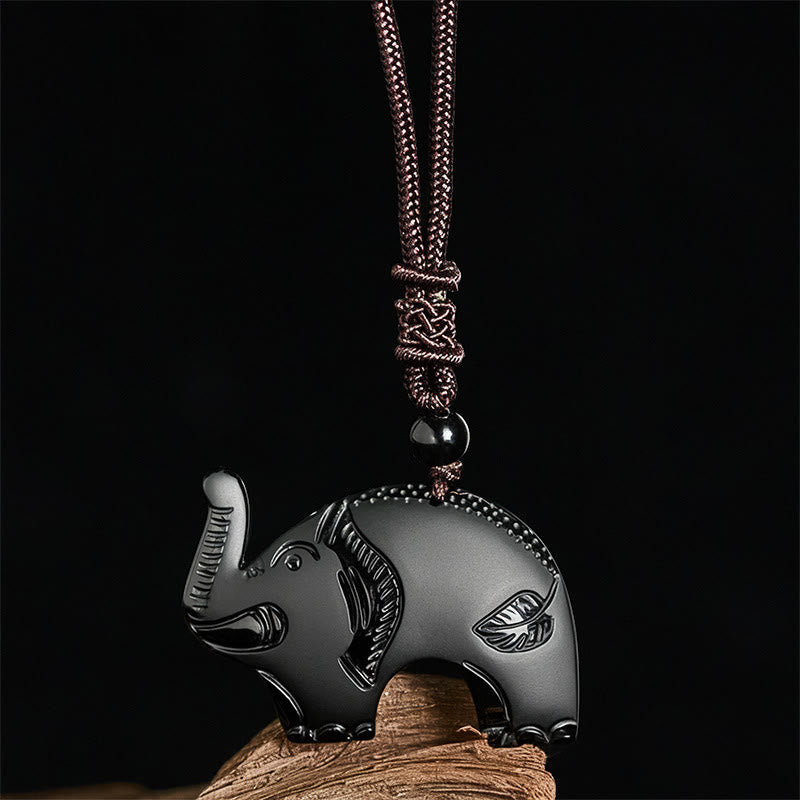 Nimara Ritual Elephant Symbol Carved Design Black Obsidian Strength Necklace Pendant