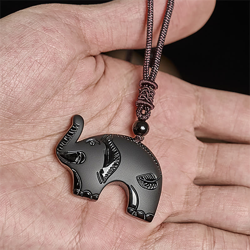 Nimara Ritual Elephant Symbol Carved Design Black Obsidian Strength Necklace Pendant
