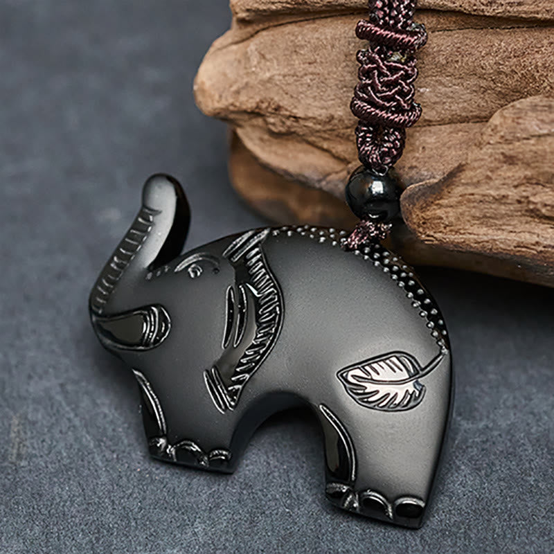 Nimara Ritual Elephant Symbol Carved Design Black Obsidian Strength Necklace Pendant