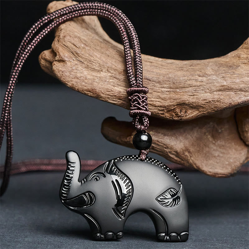 Nimara Ritual Elephant Symbol Carved Design Black Obsidian Strength Necklace Pendant