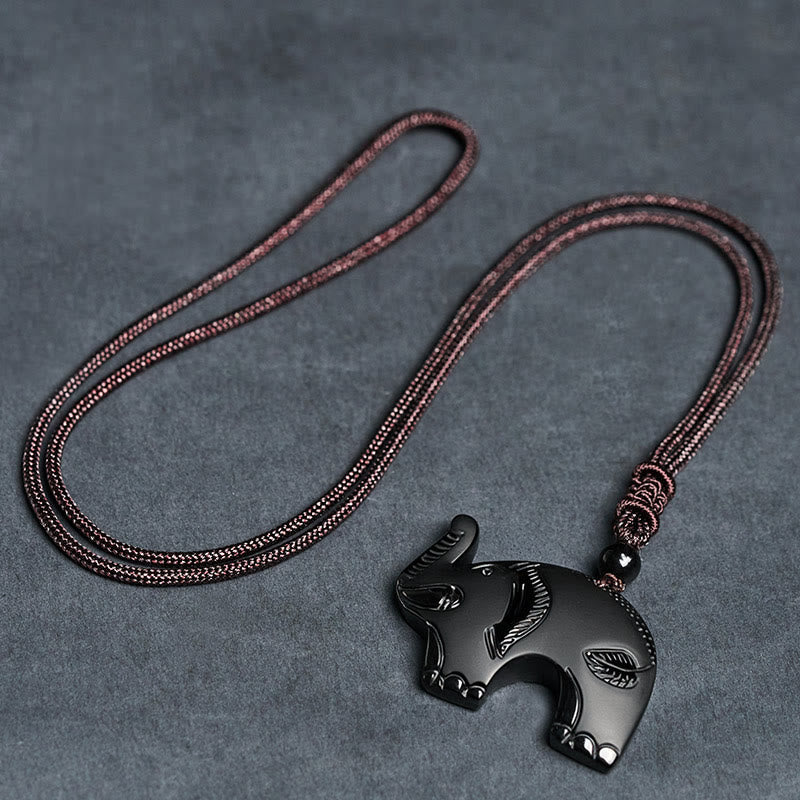 Nimara Ritual Elephant Symbol Carved Design Black Obsidian Strength Necklace Pendant