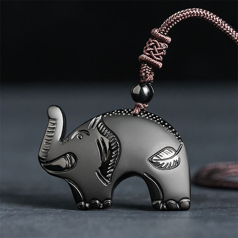 Nimara Ritual Elephant Symbol Carved Design Black Obsidian Strength Necklace Pendant