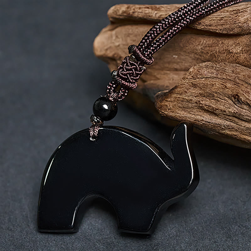 Nimara Ritual Elephant Symbol Carved Design Black Obsidian Strength Necklace Pendant