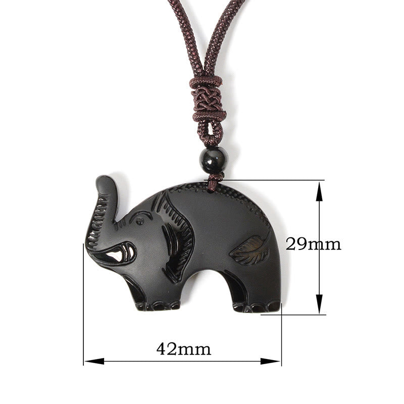 Nimara Ritual Elephant Symbol Carved Design Black Obsidian Strength Necklace Pendant