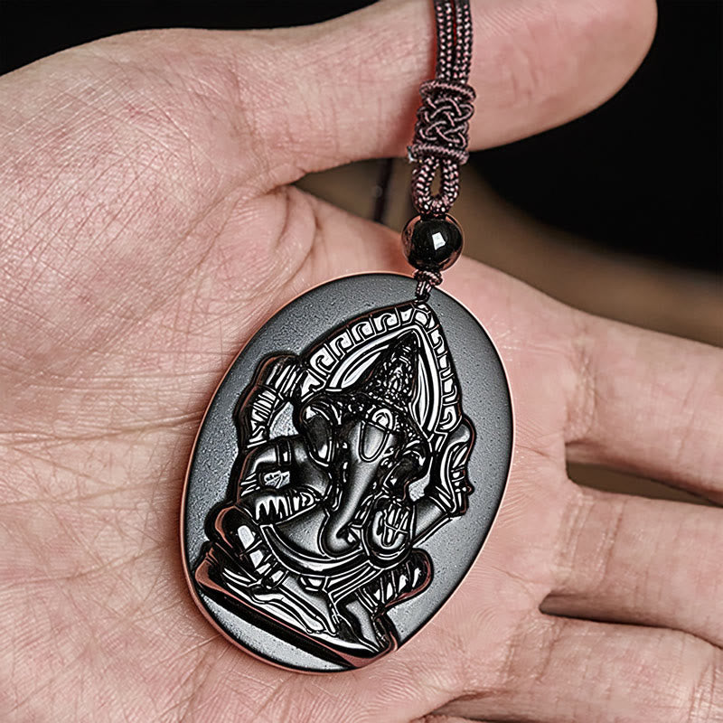 Nimara Ritual Ganesh Elephant Relief Design Natural Black Obsidian Strength Necklace Pendant