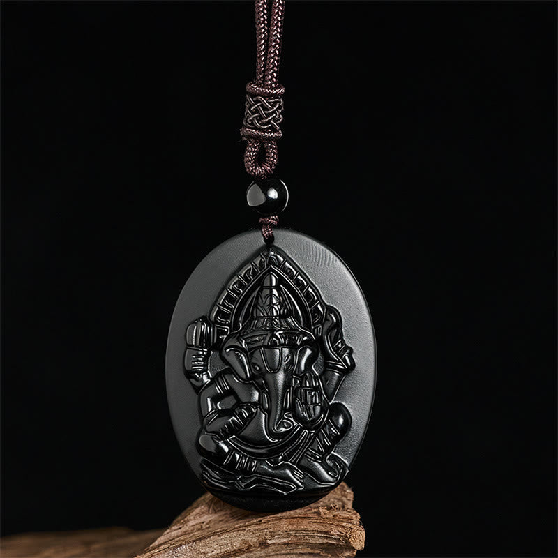 Nimara Ritual Ganesh Elephant Relief Design Natural Black Obsidian Strength Necklace Pendant