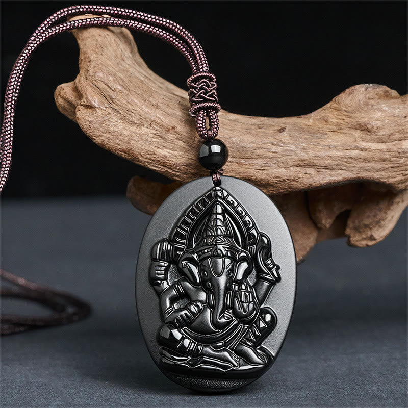 Nimara Ritual Ganesh Elephant Relief Design Natural Black Obsidian Strength Necklace Pendant