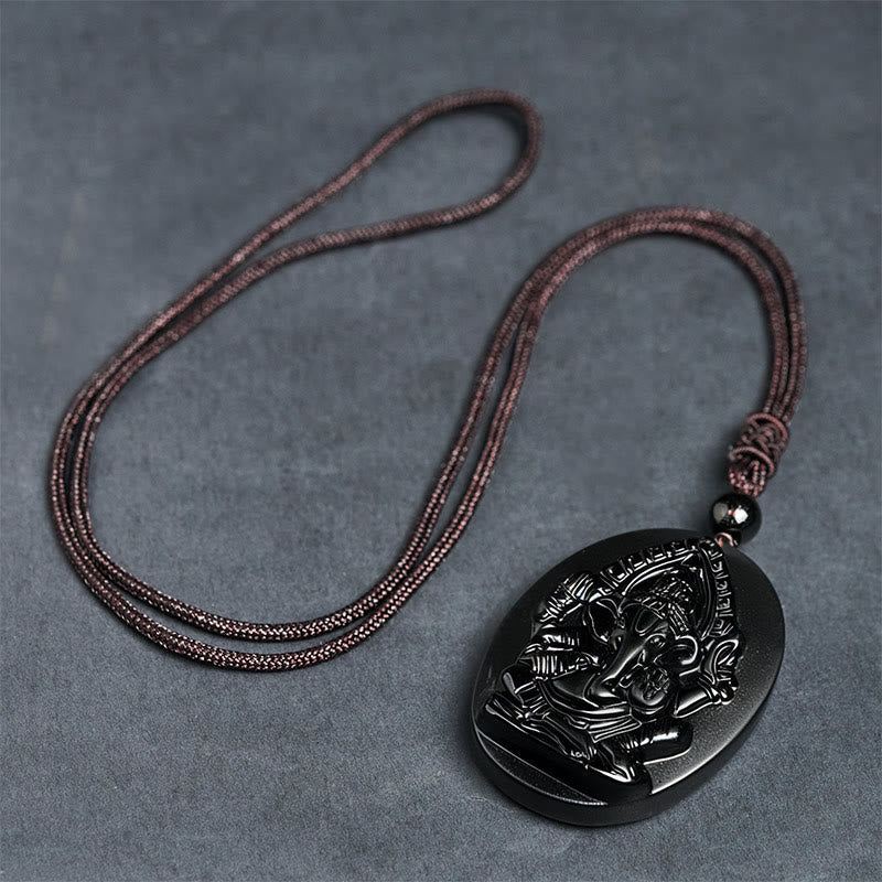 Nimara Ritual Ganesh Elephant Relief Design Natural Black Obsidian Strength Necklace Pendant
