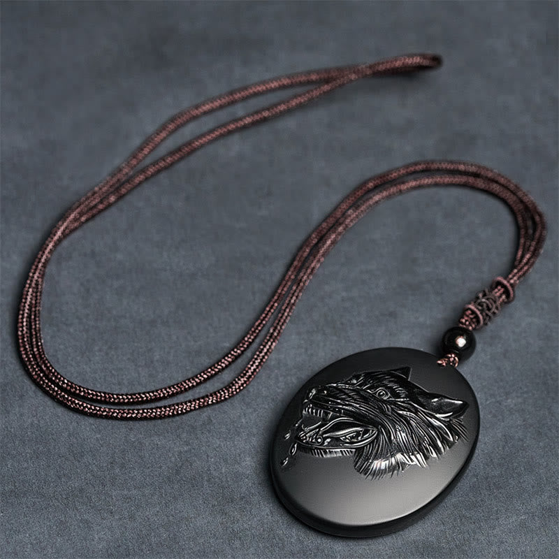 Nimara Ritual Wolf Head Natural Black Obsidian Strength Necklace Pendant