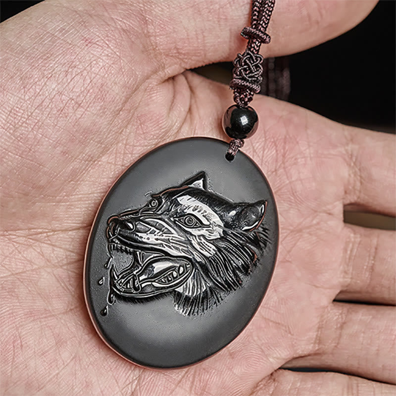 Nimara Ritual Wolf Head Natural Black Obsidian Strength Necklace Pendant