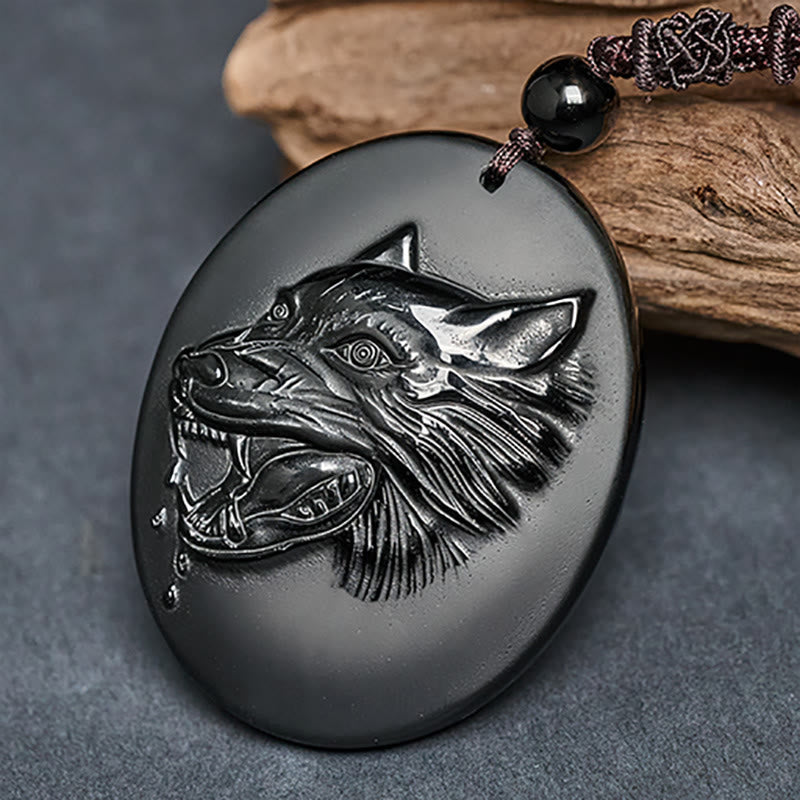 Nimara Ritual Wolf Head Natural Black Obsidian Strength Necklace Pendant