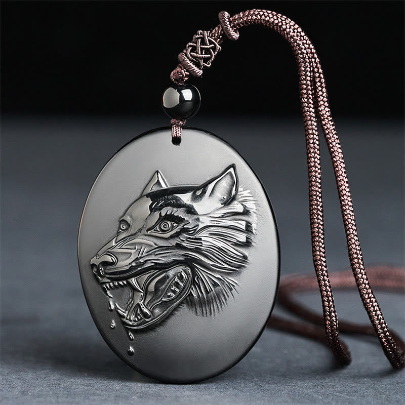 Nimara Ritual Wolf Head Natural Black Obsidian Strength Necklace Pendant