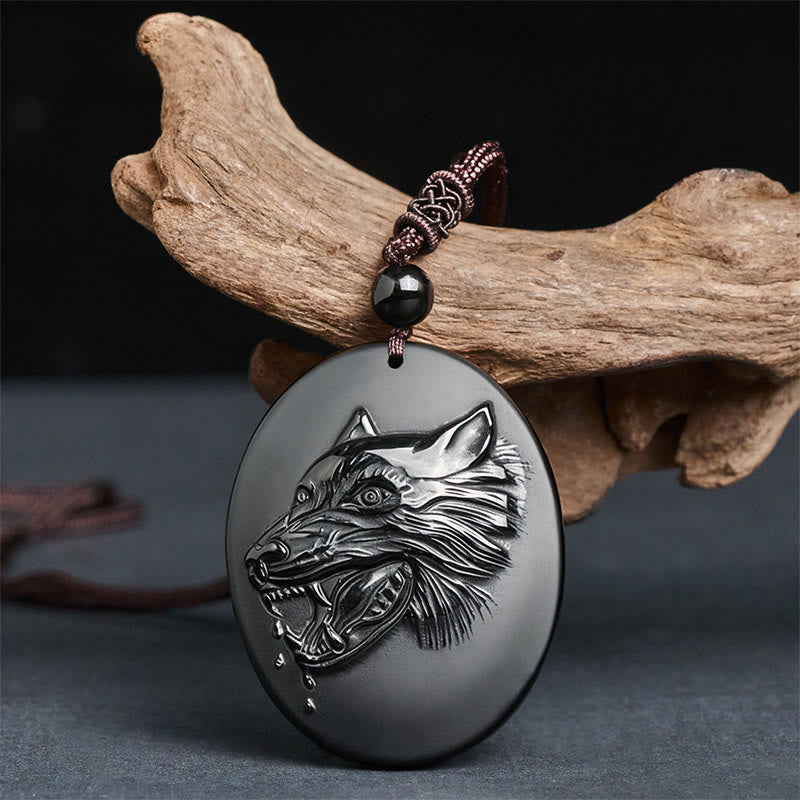 Nimara Ritual Wolf Head Natural Black Obsidian Strength Necklace Pendant