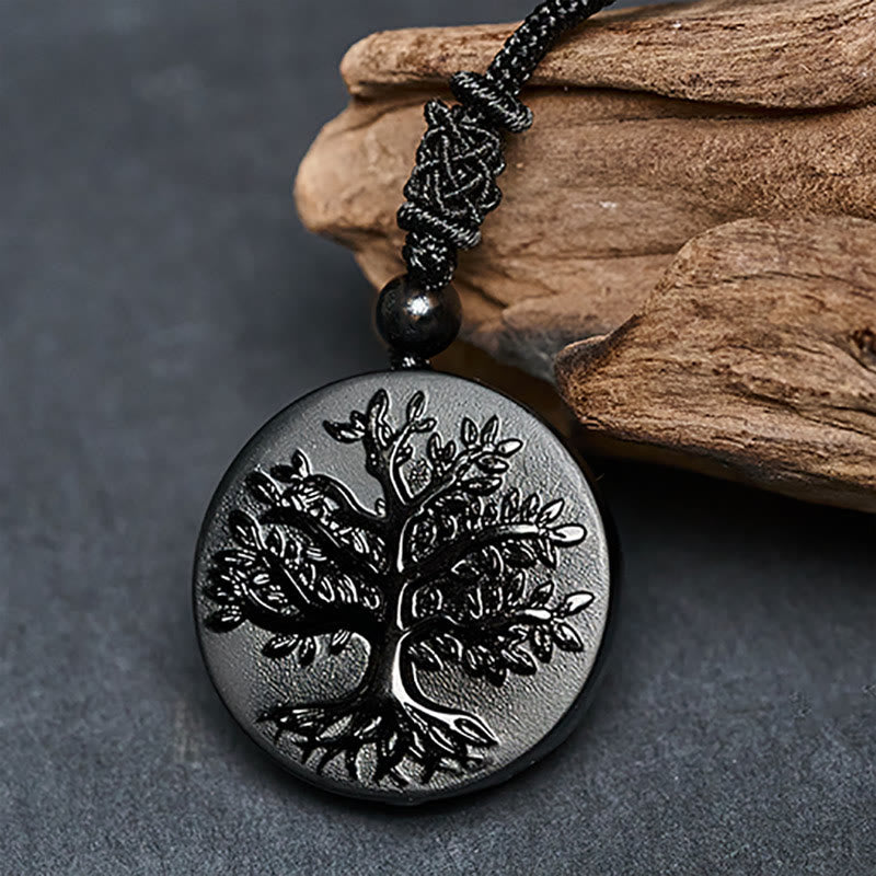 Nimara Ritual Natural The Tree of Life Pattern Black Obsidian Transformation Necklace Pendant