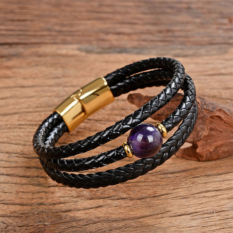 Nimara Ritual Multicolored Bead Green Tiger Eye Amethyst Craved Six True Words Leather Balance Bracelet