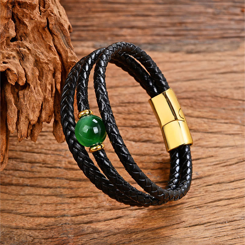 Nimara Ritual Multicolored Bead Green Tiger Eye Amethyst Craved Six True Words Leather Balance Bracelet