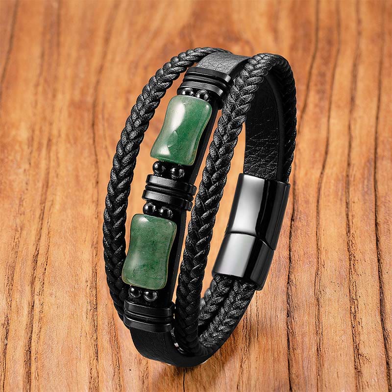 Nimara Ritual Green Aventurine Amethyst Black Onyx Pink Crystal Positivity Braided Leather Bracelet