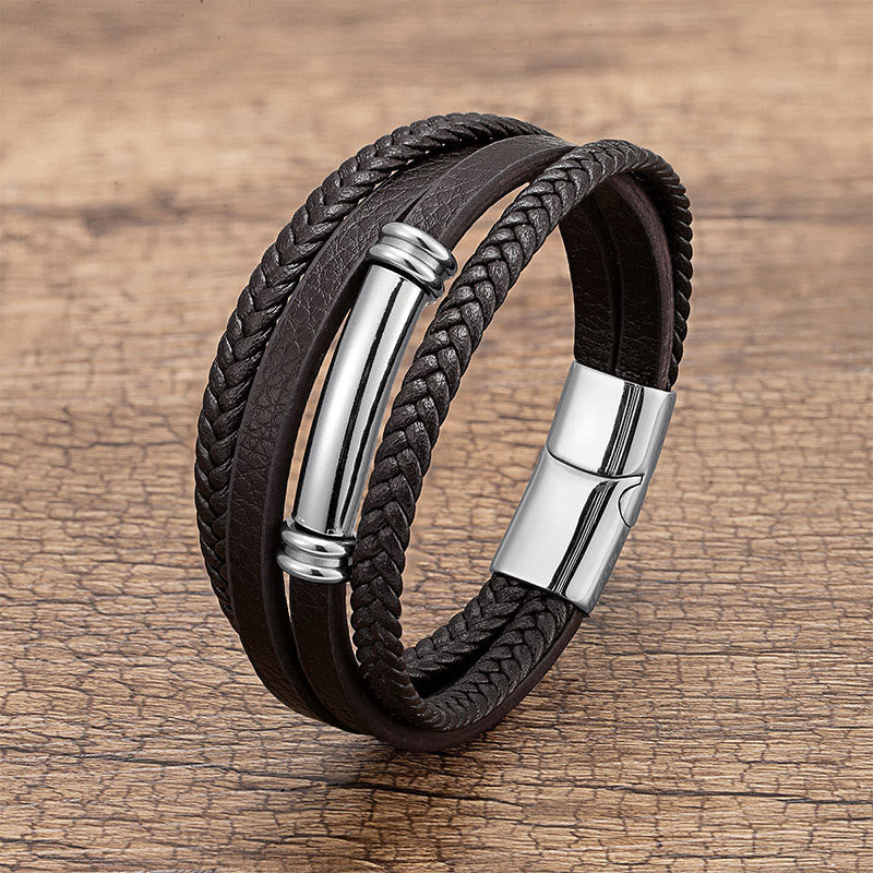 Nimara Ritual Multi-layered Simple Design Leather Titanium Steel Balance Bracelet