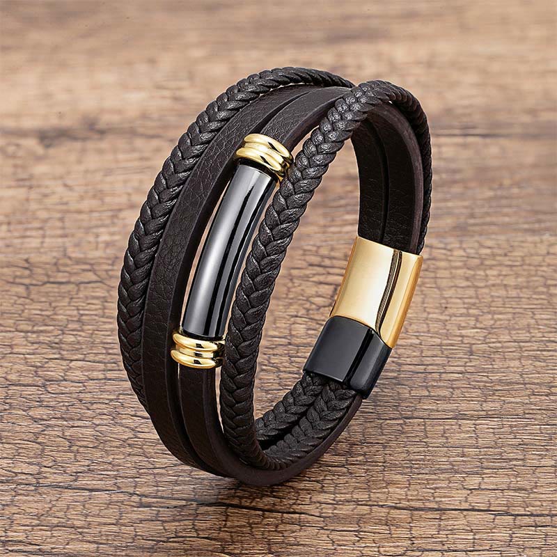 Nimara Ritual Multi-layered Simple Design Leather Titanium Steel Balance Bracelet