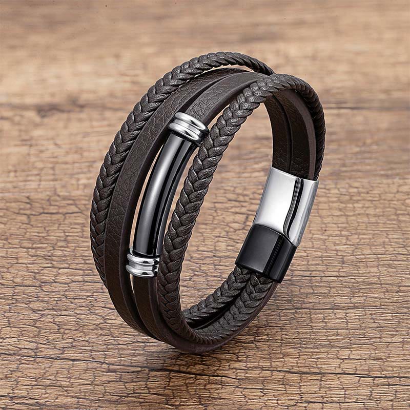 Nimara Ritual Multi-layered Simple Design Leather Titanium Steel Balance Bracelet