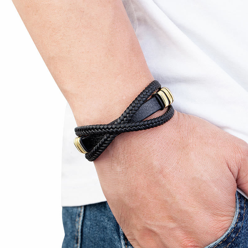 Nimara Ritual Multi-layered Cross-woven Design Leather Titanium Steel Balance Bracelet