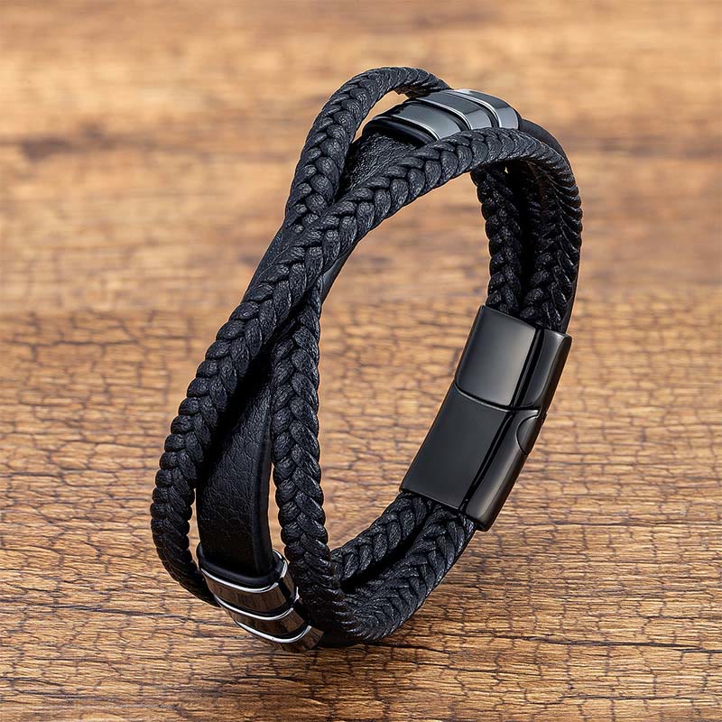 Nimara Ritual Multi-layered Cross-woven Design Leather Titanium Steel Balance Bracelet