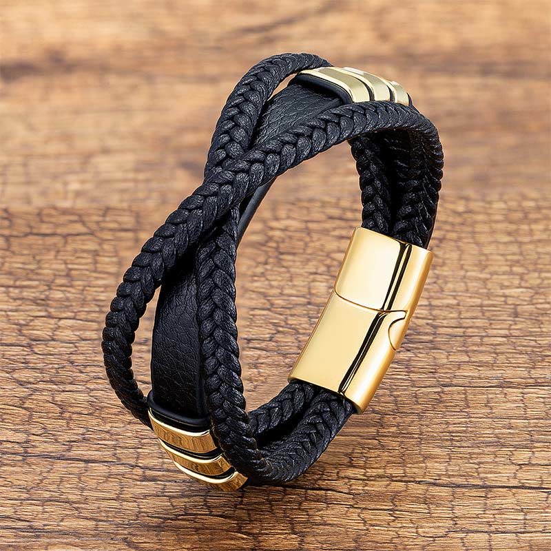 Nimara Ritual Multi-layered Cross-woven Design Leather Titanium Steel Balance Bracelet