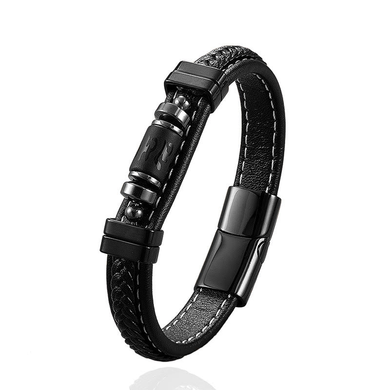 Nimara Ritual Om Mani Padme Hum Dragon Symbol Black Onyx Leather Titanium Steel Balance Protection Bracelet