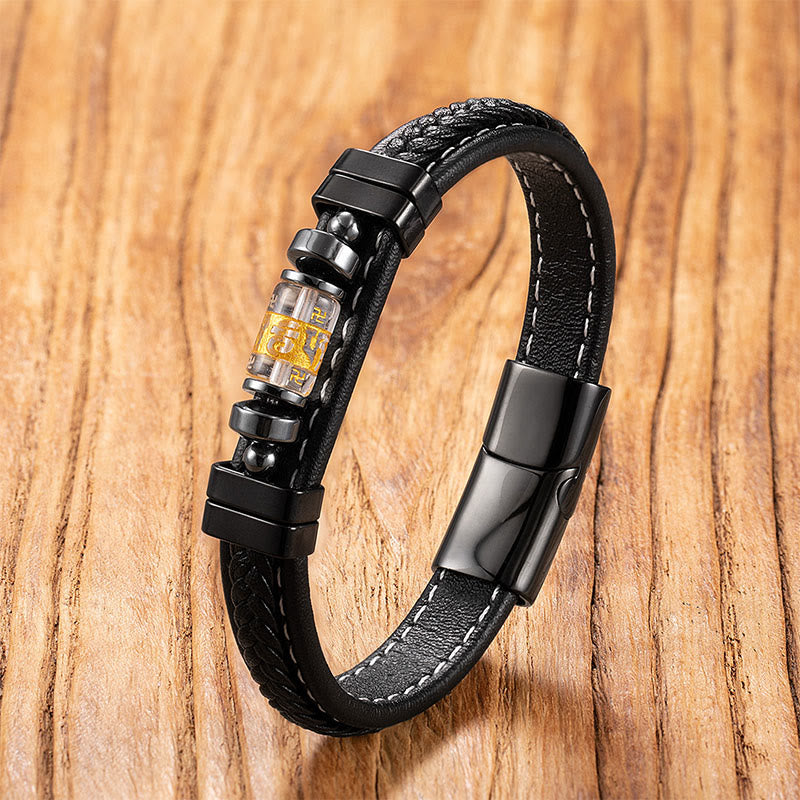 Nimara Ritual Om Mani Padme Hum Dragon Symbol Black Onyx Leather Titanium Steel Balance Protection Bracelet