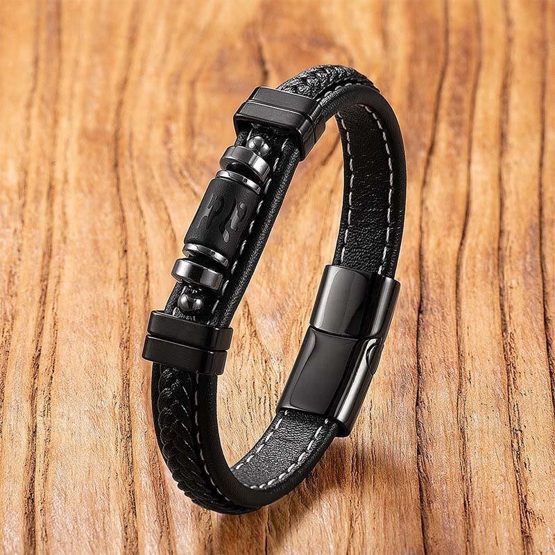 Nimara Ritual Om Mani Padme Hum Dragon Symbol Black Onyx Leather Titanium Steel Balance Protection Bracelet