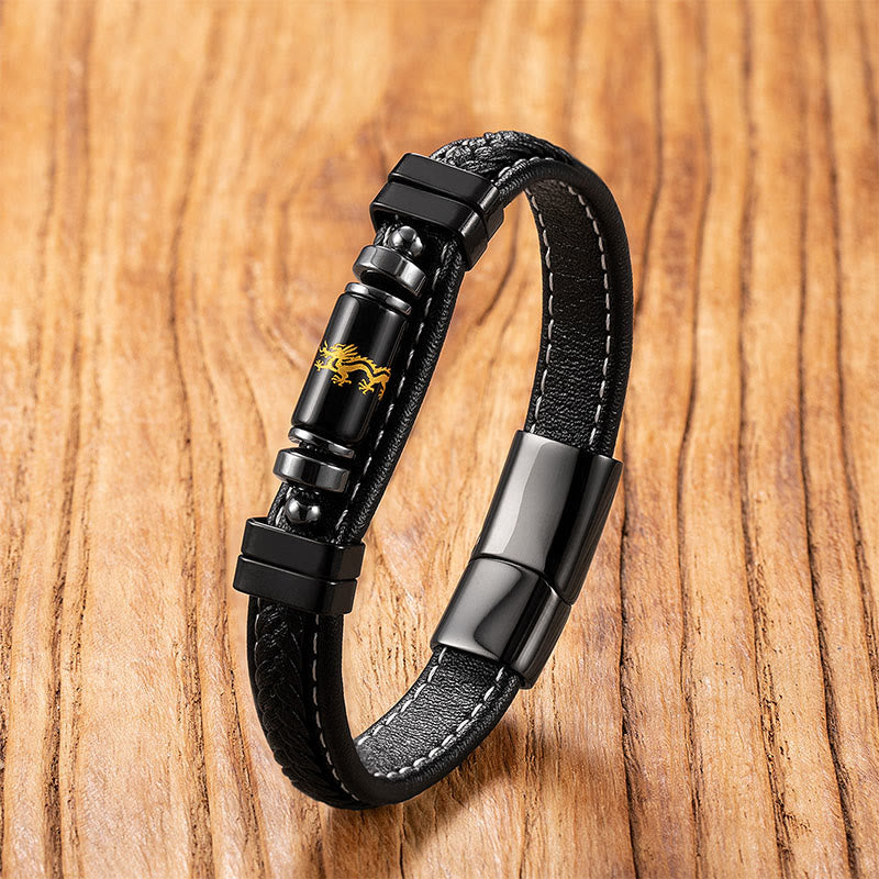Nimara Ritual Om Mani Padme Hum Dragon Symbol Black Onyx Leather Titanium Steel Balance Protection Bracelet