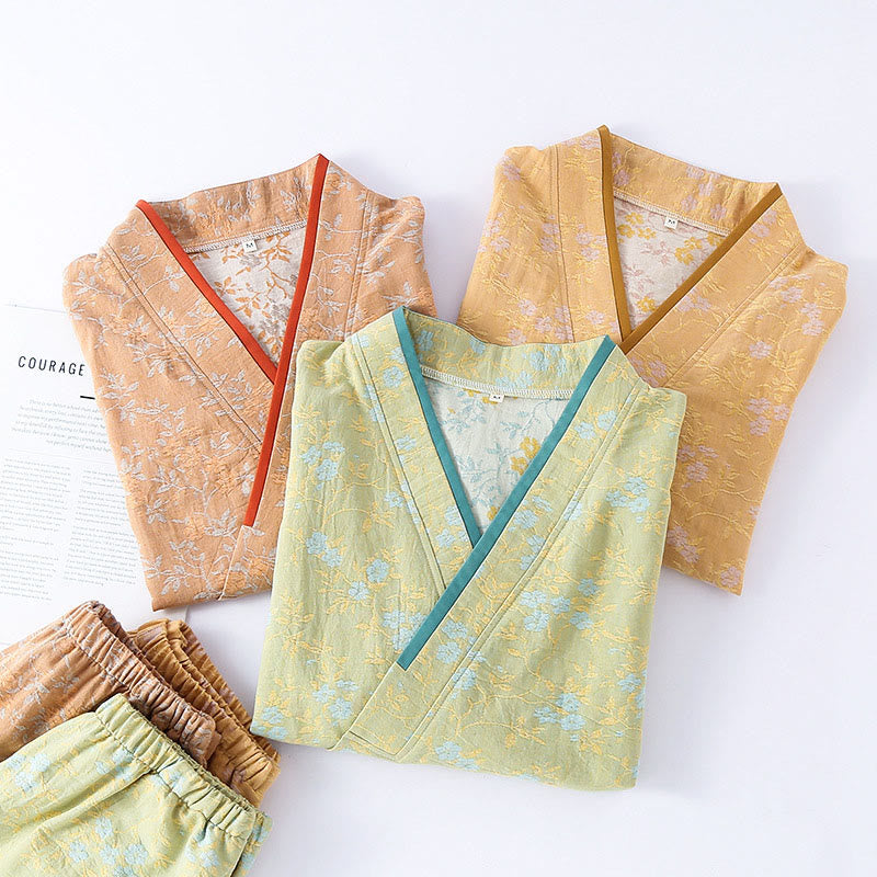 Nimara Ritual 2pcs Colorful Floral Leaf Long Sleeve V-Neck Shirt Pants Cotton Pajamas Set With Pockets