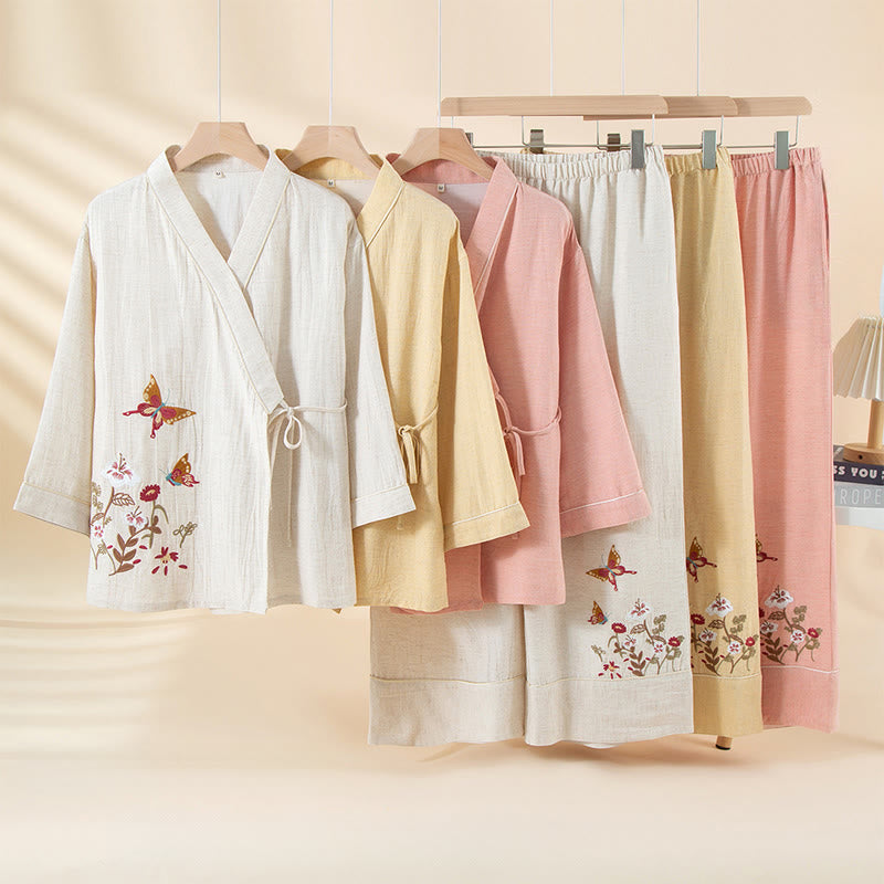 Nimara Ritual 2pcs Colorful Floral Butterfly Long Sleeve V-Neck Shirt Pants Cotton Pajamas Set With Pockets