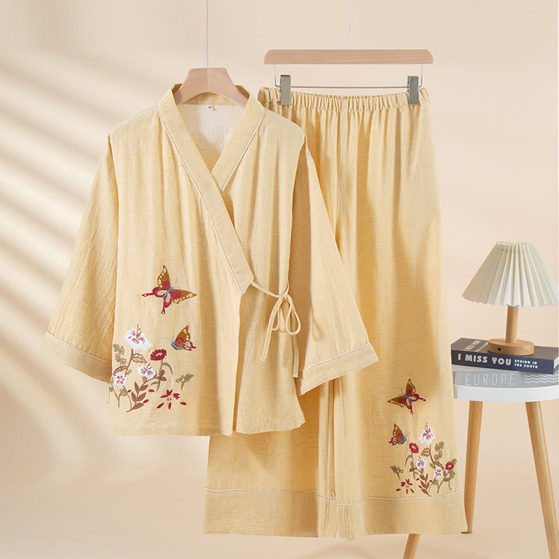 Nimara Ritual 2pcs Colorful Floral Butterfly Long Sleeve V-Neck Shirt Pants Cotton Pajamas Set With Pockets
