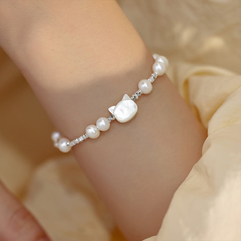 Nimara Ritual Pearl Cat Head Tridacna Stone Silver Healing Bracelet