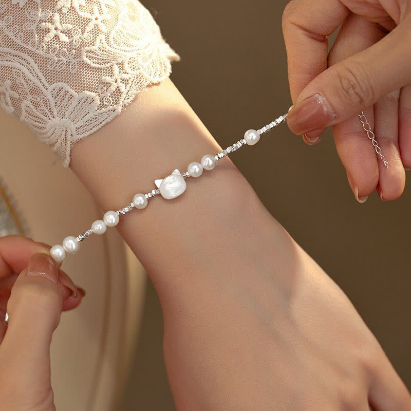 Nimara Ritual Pearl Cat Head Tridacna Stone Silver Healing Bracelet