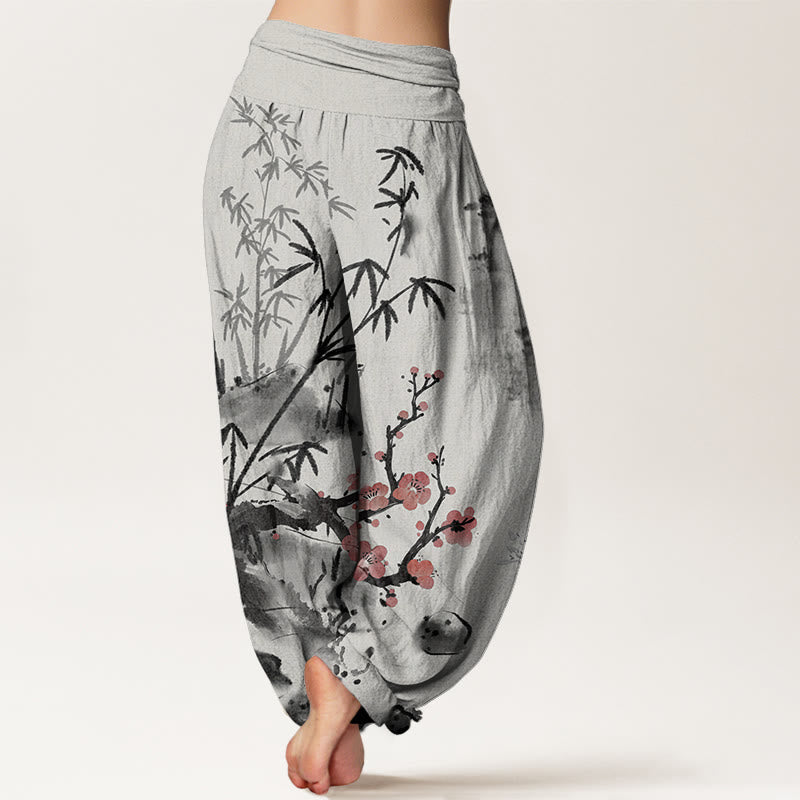 Nimara Ritual Cotton Plum Blossoms Bamboo Orchids Chrysanthemums Pattern Women's Elastic Waist Harem Pants