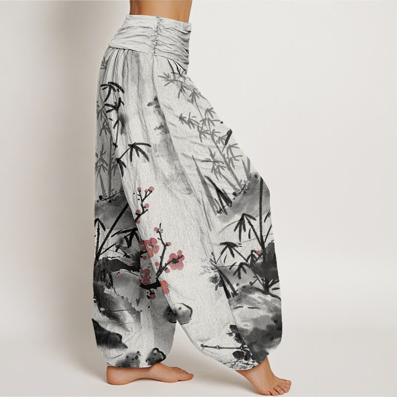 Nimara Ritual Cotton Plum Blossoms Bamboo Orchids Chrysanthemums Pattern Women's Elastic Waist Harem Pants