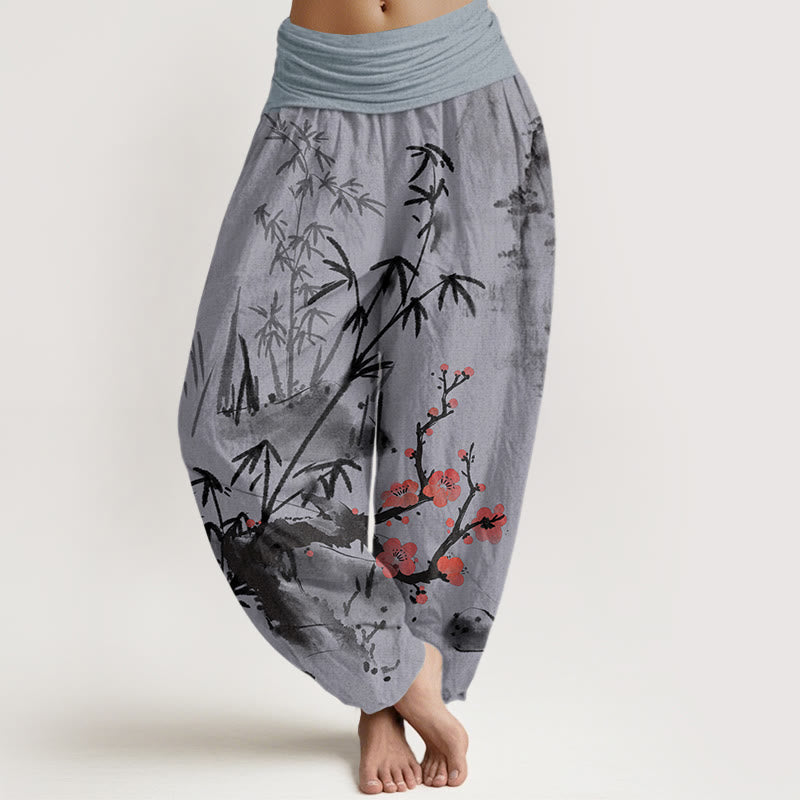 Nimara Ritual Cotton Plum Blossoms Bamboo Orchids Chrysanthemums Pattern Women's Elastic Waist Harem Pants