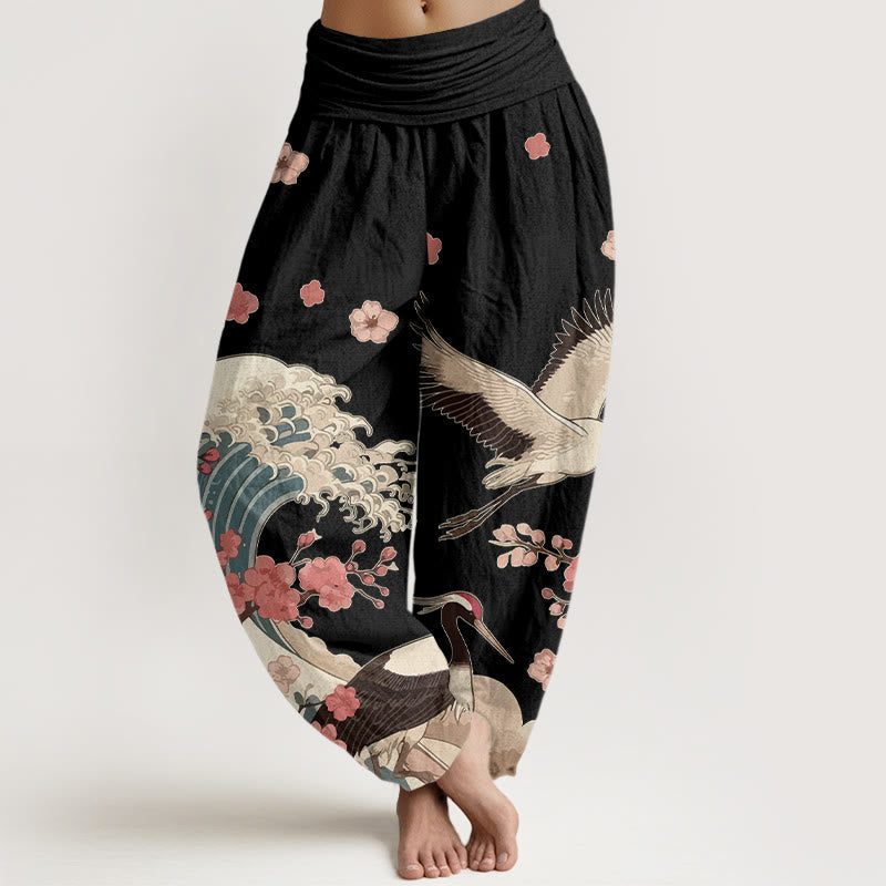 Nimara Ritual Pure Cotton Cranes Peach Blossoms Ocean Women's Elastic Waist Harem Pants