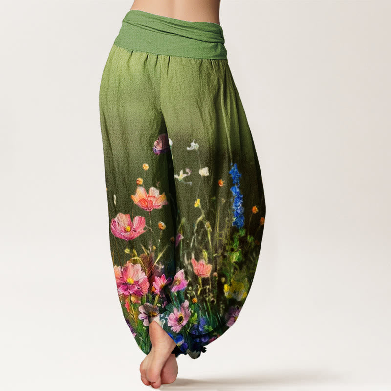 Nimara Ritual Cotton Casual Watercolor Style Floral Pattern Women's Elastic Waist Harem Pants