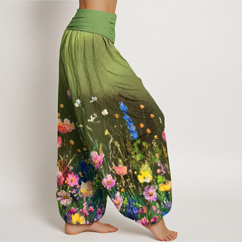 Nimara Ritual Cotton Casual Watercolor Style Floral Pattern Women's Elastic Waist Harem Pants