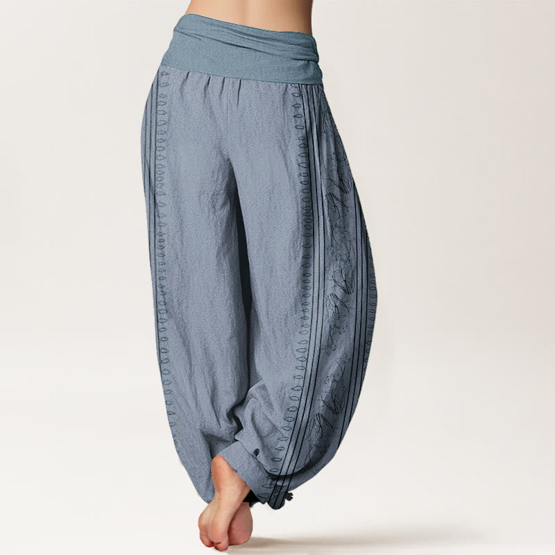 Nimara Ritual Pure Cotton Dharma Wheel Lotus OM Pattern Women's Elastic Waist Harem Pants